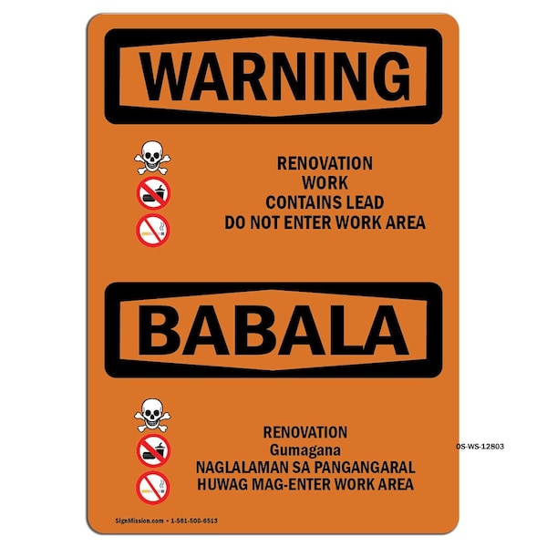 OSHA Warning Sign, 7" Height, Aluminum, Renovation Work Contains Lead, Landscape, L-12803